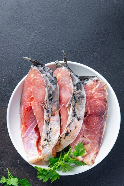 Raw Fish Steak White Fish Seafood Meal Snack Table Copy — Stock Photo, Image