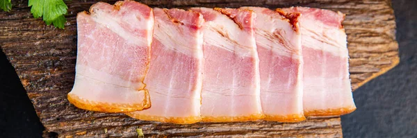 Bacon Plak Gerookte Reuzel Varkensvet Maaltijd Snack Tafel Kopiëren Ruimte — Stockfoto
