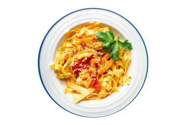 makarnalı domates sosu sebzeli tagliatelle linguini yemek aperatifi masada fotokopi uzayı yemek arka plan vejetaryen veya vejetaryen yemeği et yok