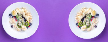 Yulaf ezmesi kasesi kahvaltısı sebze sütü, laktozsuz, muzsuz, kivili, berrie, abur cubur.