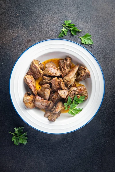 Comida Fígado Frango Frito Miudezas Cozidas Refeição Lanche Mesa Cópia — Fotografia de Stock