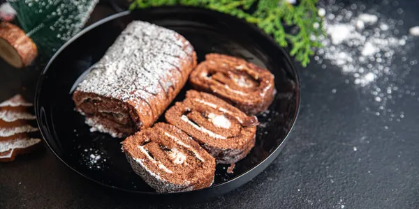 Natal Kue Coklat Gulung Makanan Penutup Tahun Baru Makanan Manis — Stok Foto