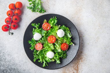 mozzarella salatası domates salatası sebze vitaminler sofrada atıştırmalık yiyecekler arka plan kırsalında fotokopi. Top view keto ya da paleo diyet vejetaryen ya da vejetaryen yemekleri