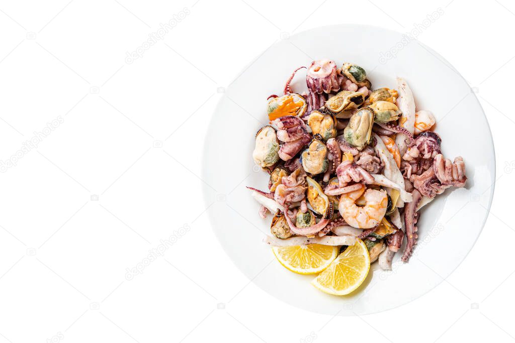 seafood salad fresh mix shrimp, squid, mussel, octopus, prawns meal snack on the table copy space food background 