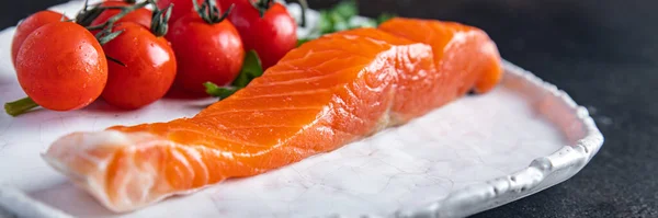 Zalm Plak Rode Vis Zeevruchten Maaltijd Snack Pescetarisch Dieet Tafel — Stockfoto