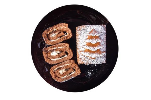 Weihnachten Kuchen Schokolade Rolle Neujahr Mahlzeit Süß Dessert Auf Dem — Stockfoto