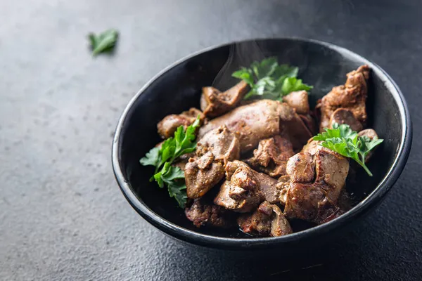 Fígado Frango Frito Guisado Miudezas Refeição Lanche Mesa Cópia Espaço — Fotografia de Stock