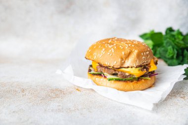 Tavuklu burger sandviçi. Arka plandaki uzay yiyeceklerinin fotokopisi. en üstteki görünüm