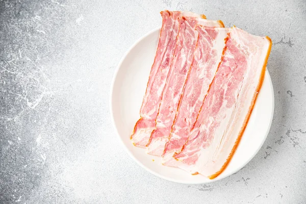 Bacon Remsor Skiva Tunn Skivning Fläsk Fett Hälsosam Måltid Kost — Stockfoto