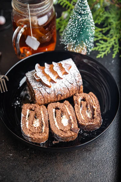 Christmas Roll Cake Chocolate New Year Meal Sweet Dessert Copy — Stock Photo, Image