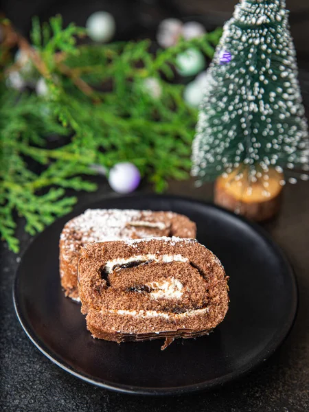 Christmas Roll Cake Chocolate New Year Meal Sweet Dessert Copy — Stock Photo, Image