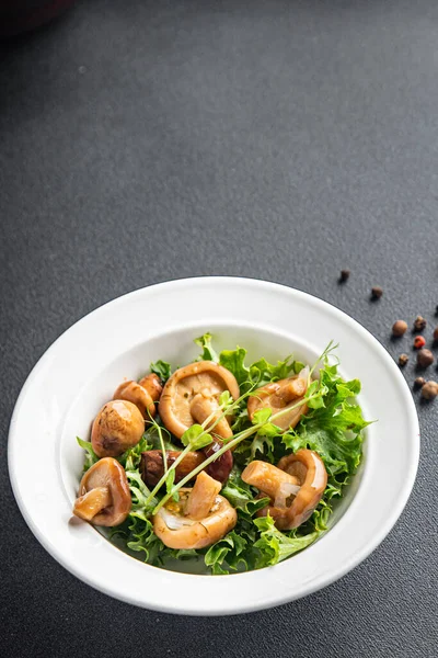 Mantar salatası sebze mantarı. Masanın üzerinde atıştırmalık. Fotokopi uzayı arka planında sebzeli vejetaryen yemeği.