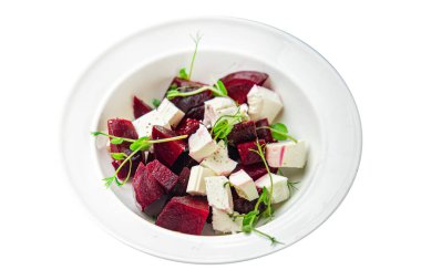 Fotokopi masasında pancar pancarı salatası sağlıklı vejetaryen diyeti atıştırmalığı var. en üstteki görünüm