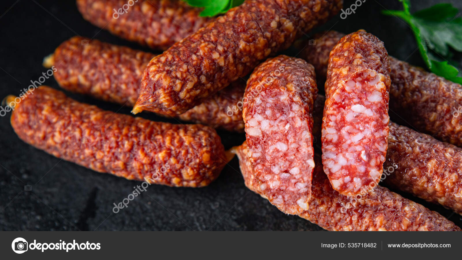 Dry Cured Sausages Smoked Sausage Uncooked Meat Meal Fast Food Stock