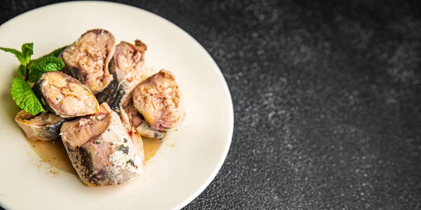 サバ缶詰魚介類健康的な食事食事食事テーブルの上のスナックコピースペース食品背景素朴な — ストック写真