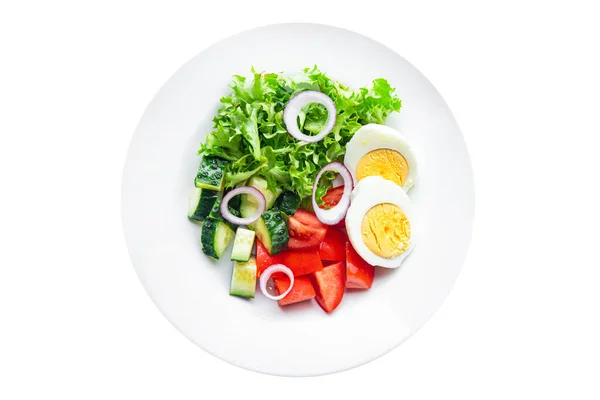 蔬菜沙拉煮鸡蛋黄瓜 西红柿 生菜健康饮食零食桌上抄袭太空食品背景 顶部视图酮或古饮食 — 图库照片
