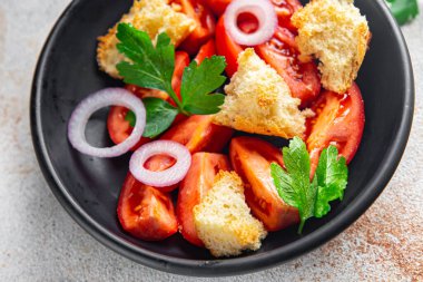 Panzanella salatası kurutulmuş tost ekmeği, domates, soğan yemeği fotokopi alanı arka plan kırsal 