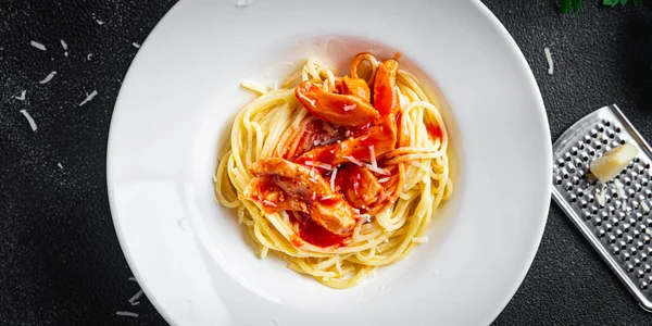 Espaguete Molho Tomate Macarrão Refeição Saudável Comida Dieta Lanche Mesa — Fotografia de Stock