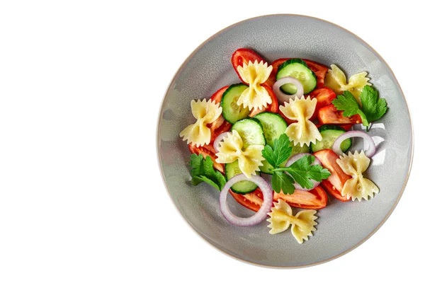 Pasta Salad Meat Tomato Cucumber Farfalle Healthy Meal Diet Snack — Fotografia de Stock