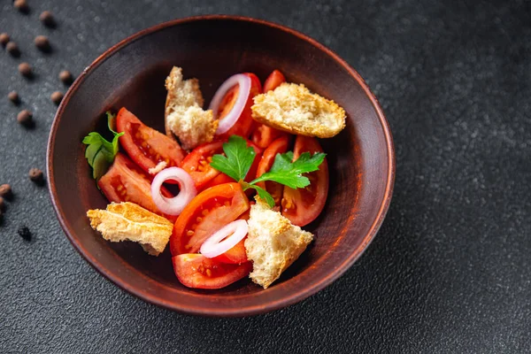 Salada Panzanella Tomate Pão Torrado Seco Cebola Refeição Lanche Cópia — Fotografia de Stock