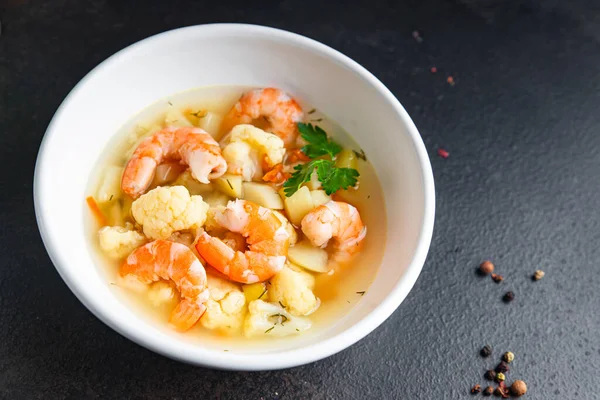 Seafood Soup Shrimp Vegetables Healthy Meal Food Snack Table Copy — Stock Fotó