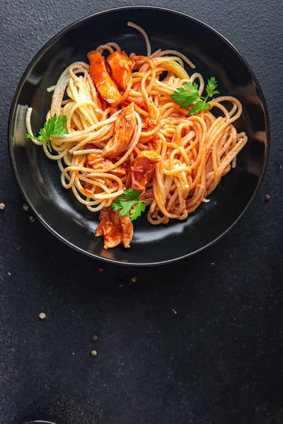 Espaguetis Pasta Carne Salsa Tomate Comida Saludable Merienda Mesa Copiar — Foto de Stock