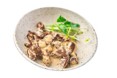 Koşer sığır ciğeri yahnisi kremalı sığır eti eti sağlıklı yemek abur cuburu fotokopi masasında