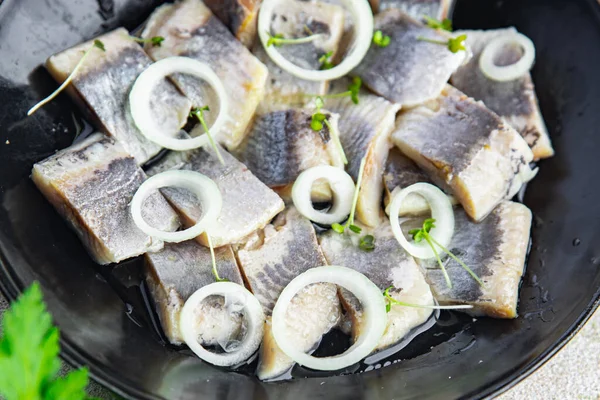 Salted Herring Plate Seafood Fish Healthy Meal Food Snack Table — Stockfoto