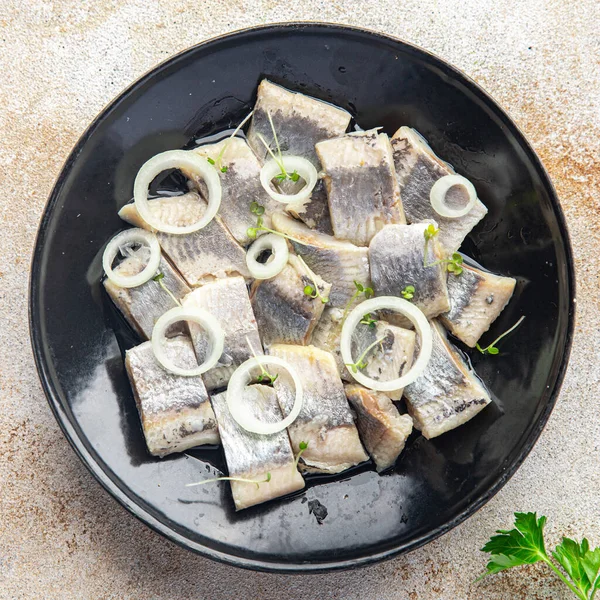Śledź Solony Talerzu Ryby Owoce Morza Zdrowy Posiłek Przekąska Żywności — Zdjęcie stockowe