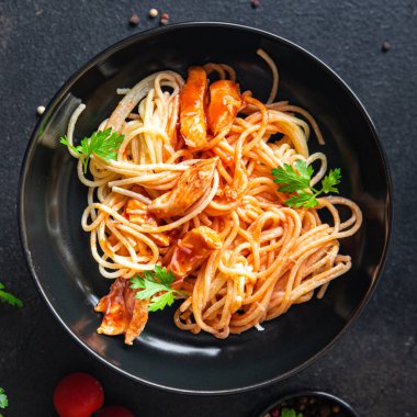 spaghetti pasta bolognese tomato sauce meat healthy meal food snack on the table copy space food background rustic