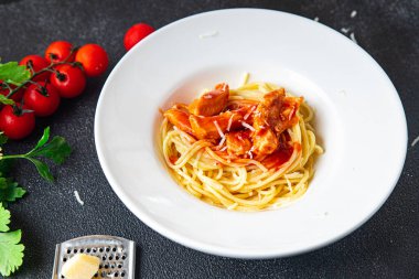 spaghetti pasta bolognese tomato sauce meat healthy meal food snack on the table copy space food background rustic