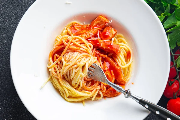 Spaghetti Pasta Bolognese Tomato Sauce Meat Healthy Meal Food Snack — Fotografia de Stock