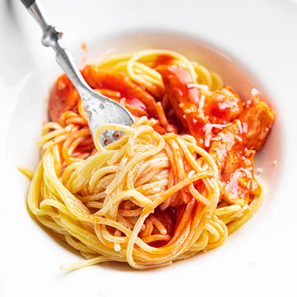 Spaghetti Pasta Bolognese Tomato Sauce Meat Healthy Meal Food Snack — Fotografia de Stock