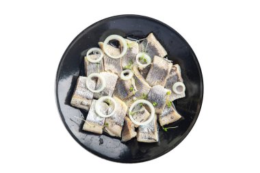 herring salted piece plate seafood fish meal food snack on the table copy space food background