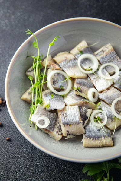 Herring Salted Piece Plate Seafood Fish Meal Food Snack Table — Zdjęcie stockowe