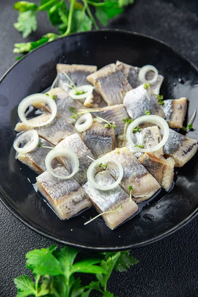 Herring Salted Piece Plate Seafood Fish Meal Food Snack Table — Stockfoto