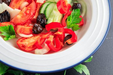 salad vegetable olive, tomato, cucumber, pepper fresh healthy meal food snack on the table copy space food background