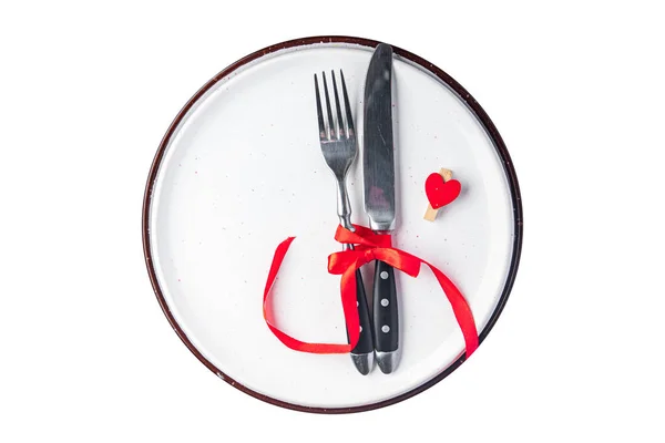 Cutlery Valentines Day Table Setting Fork Knife Plate Valentine Holiday — Zdjęcie stockowe