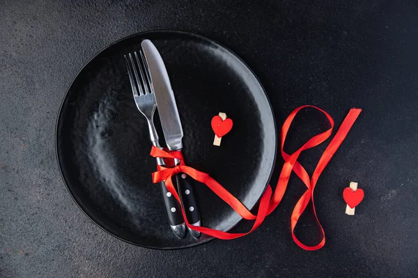 Cutlery Valentines Day Table Setting Fork Knife Plate Valentine Holiday — Foto de Stock