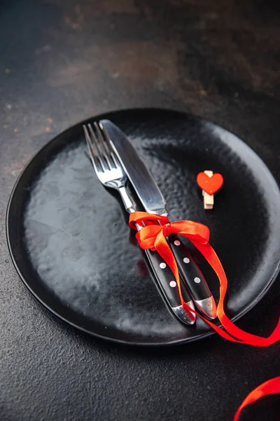 Cutlery Valentines Day Table Setting Fork Knife Plate Valentine Holiday — 图库照片