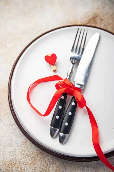 Cutlery Valentines Day Table Setting Fork Knife Plate Valentine Holiday — Foto de Stock