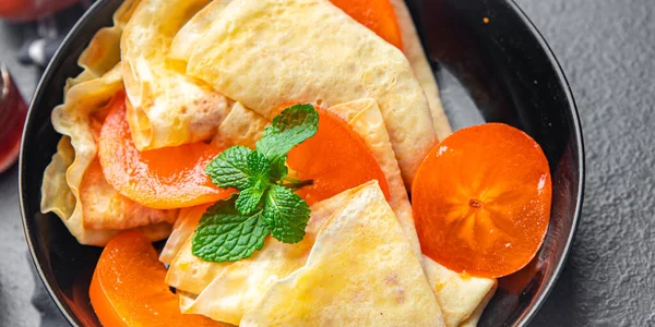 Crepe Persimmon Thin Pancakes Fruit Breakfast Sweet Dessert Healthy Meal — Zdjęcie stockowe