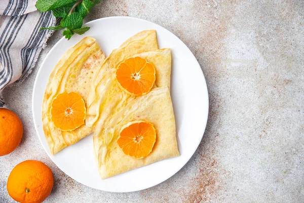 Crepes Citrus Thin Pancakes Sweet Dessert Tangerine Tangerines Breakfast Healthy — Fotografia de Stock