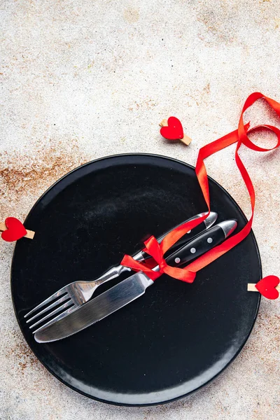 Mesa Ajuste Valentines Día Cubiertos Tenedor Cuchillo Plato San Valentín — Foto de Stock