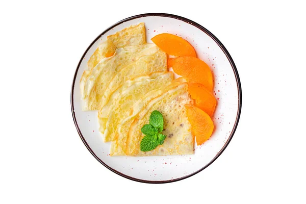 Persimmon Panquecas Finas Crepe Frutas Café Manhã Sobremesa Doce Refeição — Fotografia de Stock