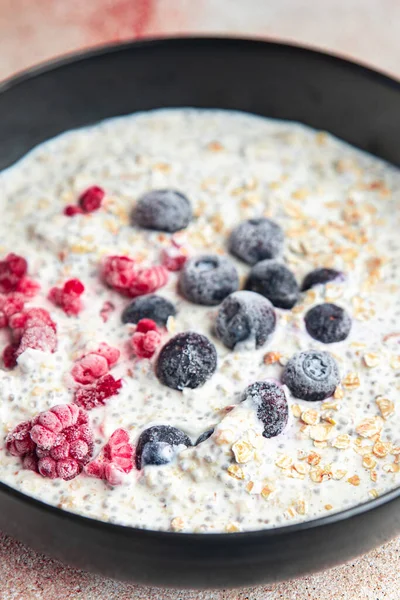 Biji Oatmeal Chia Dan Berry Raspberry Blueberry Lezat Sarapan Porsi — Stok Foto