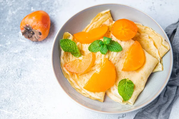 Panqueca Fina Crepe Cáqui Shrovetide Feriado Maslenitsa Sobremesa Doce Café — Fotografia de Stock