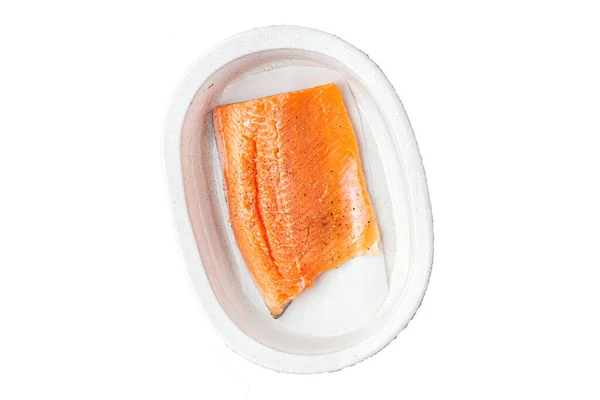 生の魚の切り身サーモンやチャー新鮮な魚介類新鮮な部分食事健康的な食事食生活テーブルの上にスナックコピースペースの食べ物の背景素朴なトップ表示 — ストック写真