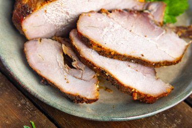 Pişmiş domuz eti ev yapımı jambon. Sağlıklı yemek. Masada diyet. 