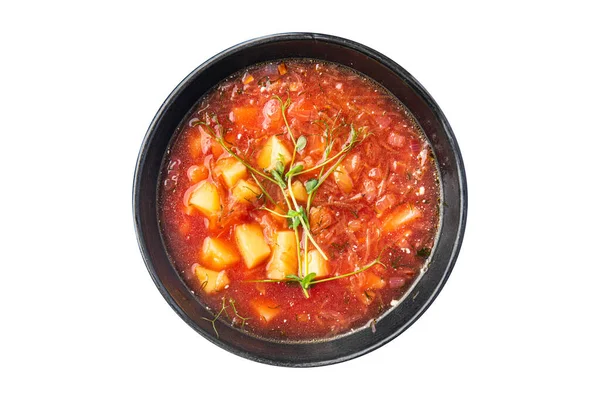 Pierwsze Danie Warzyw Pomidor Zupa Barszcz Mięso Wieprzowina Wołowina Kurczak — Zdjęcie stockowe